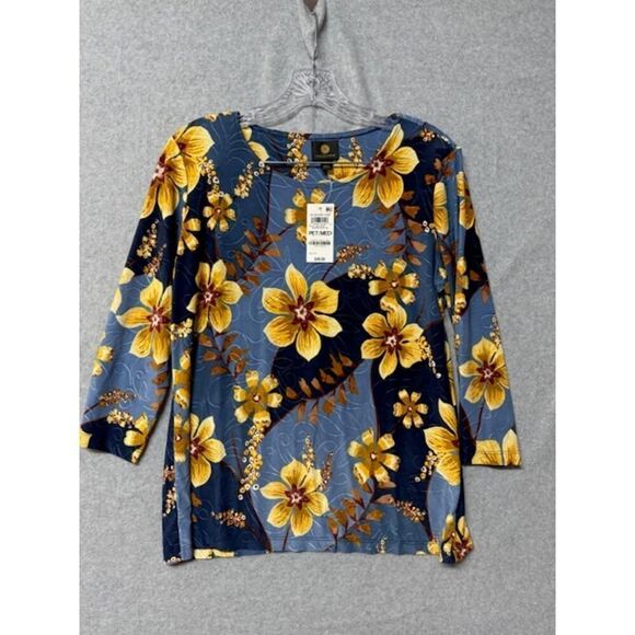 JM Collection Women’s Floral Print 3/4 Sleeve Top Blouse Blue PM New - Picture 1 of 3